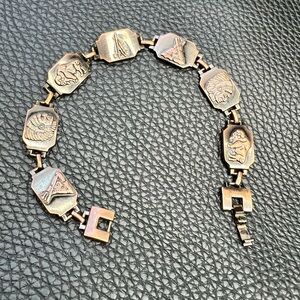 Vintage Native American Brass Copper Panel Bracelet Teepee Buffalo Feather 8"